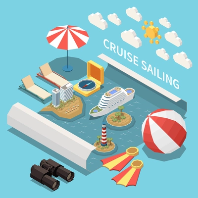 Sea cruise isometric composition with abstract map islands sunbeds umbrellas and cruise sailing headline vector illustration vector illustration