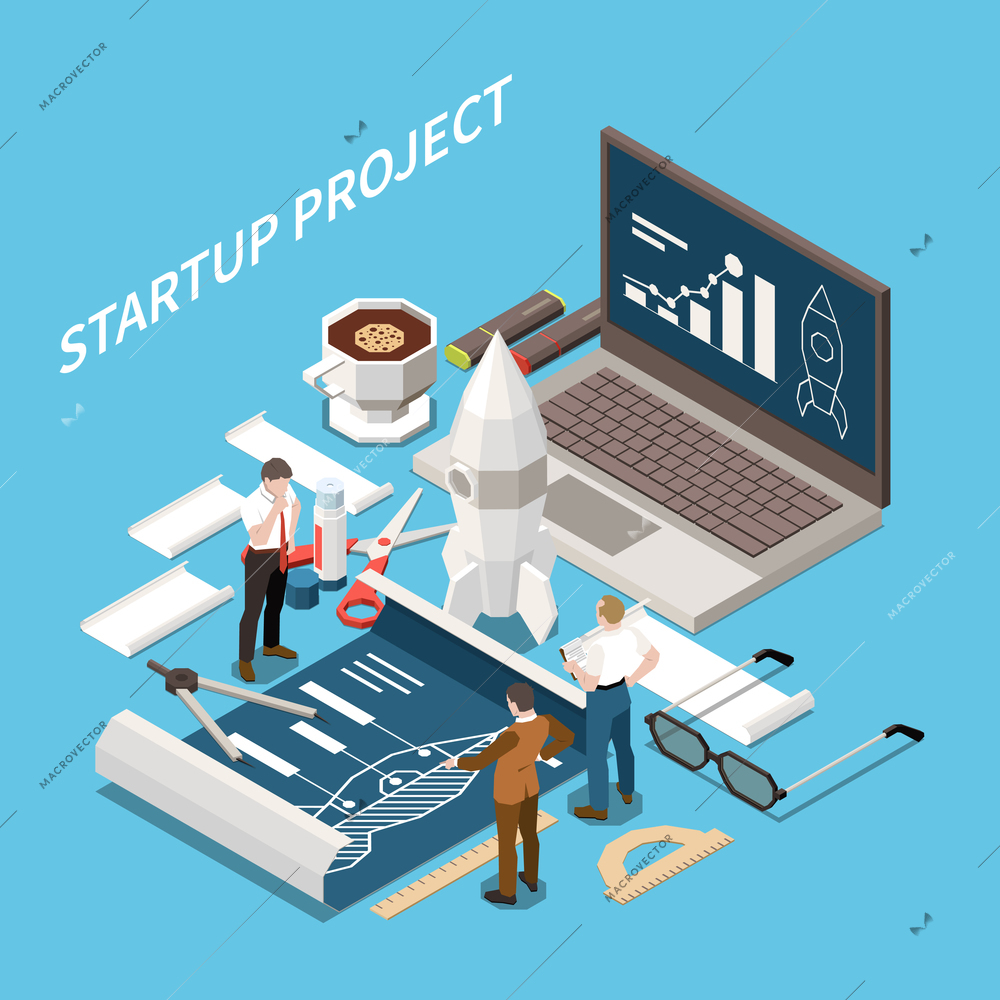 Startup project isometric concept with descriptions and marketing analysts on work and with equipment and tools vector illustration