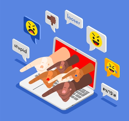 Isometric cyber bullying composition with laptop emoticons messages and human hands pointing at someone on blue background 3d vector illustration