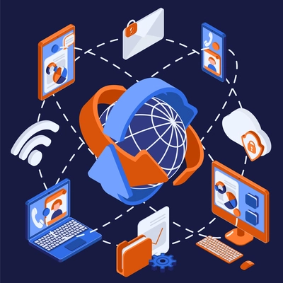 Isometric flowchart illustrated big data satellite transmission between digital media vector illustration