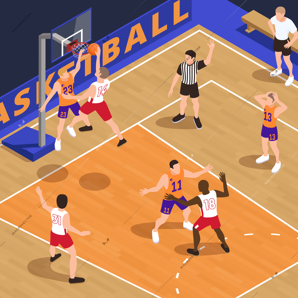 Basketball isometric composition with human characters of team players and referee on court with basket pole vector illustration