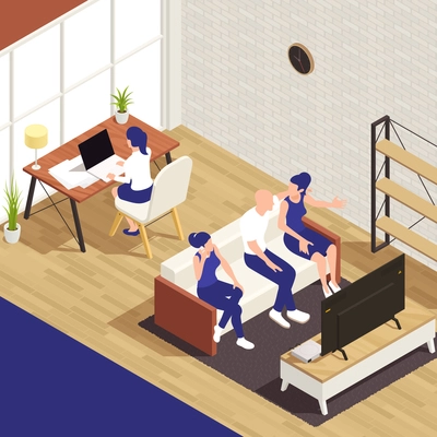 Sitting people isometric composition with living room scenery girl working at table while friends watching tv vector illustration