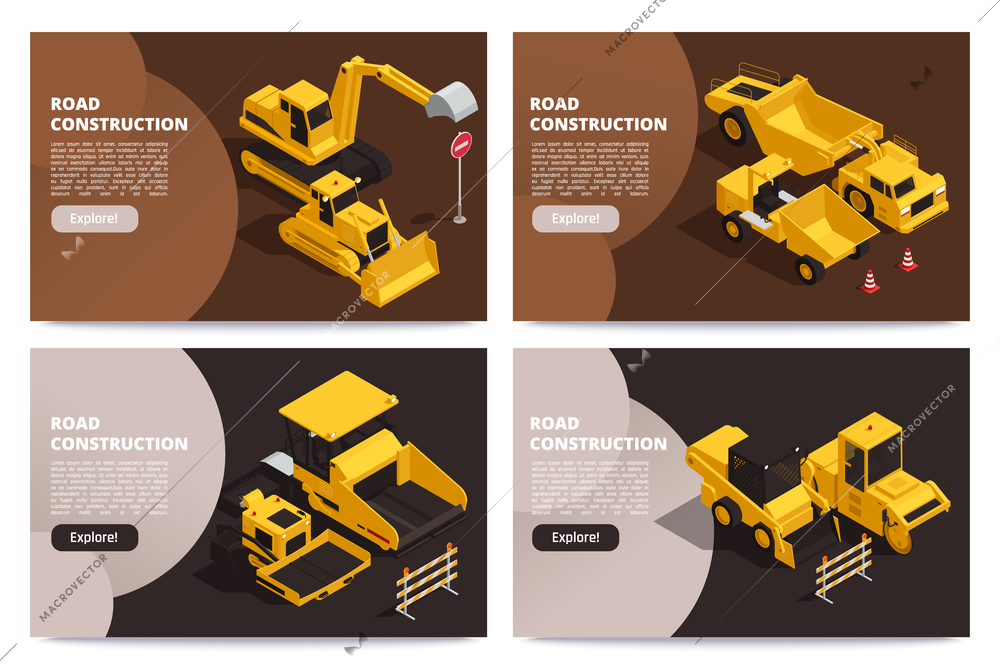 Set of four road construction isometric horizontal banners with editable text explore button and machinery images vector illustration