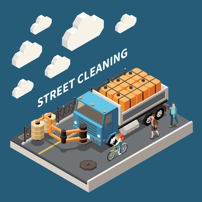 City cleaning machinery pressure washer sweeper with rolling brush removing litter from roads streets fences isometric vector illustration