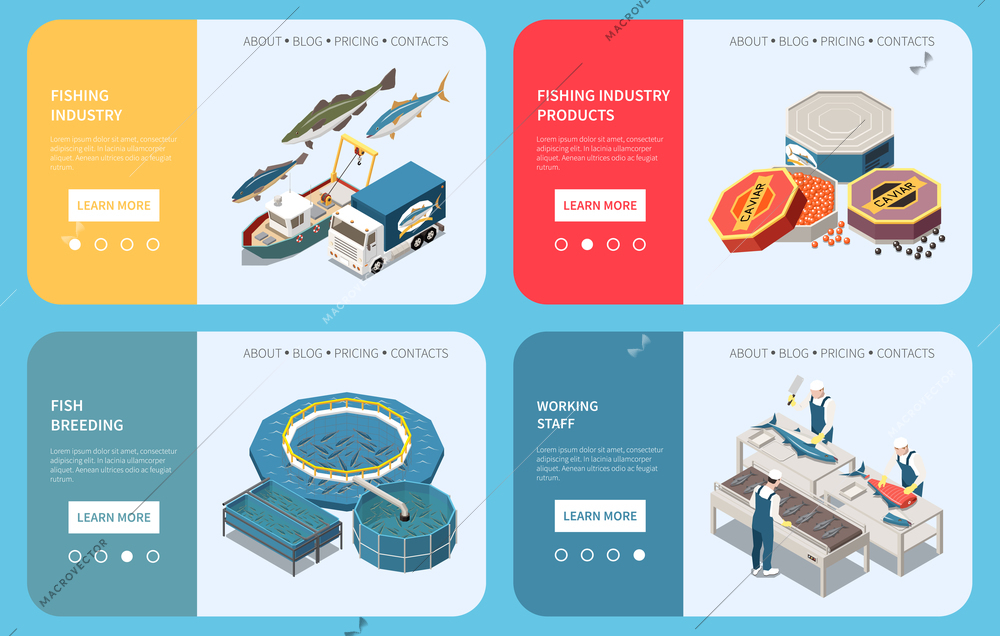 Industrial seafood production 4 web banners fish breeding tanks salmon butchery tinned canned caviar isometric vector illustration