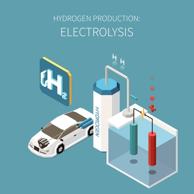 Hydrogen fuel powered transport gas station symbol green energy generation by water electrolysis isometric vector illustration