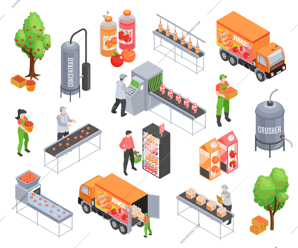 Isometric juice production set of isolated icons with industrial appliances trees delivery trucks people and packaging vector illustration