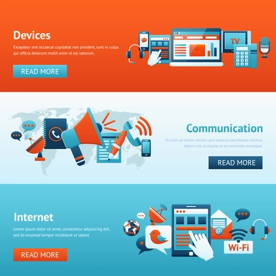 Communication banner set with mobile internet devices isolated vector illustration