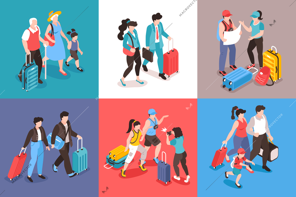 Isometric travel people design concept with characters of tourists of different gender and age with baggage vector illustration