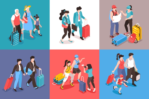 Isometric travel people design concept with characters of tourists of different gender and age with baggage vector illustration