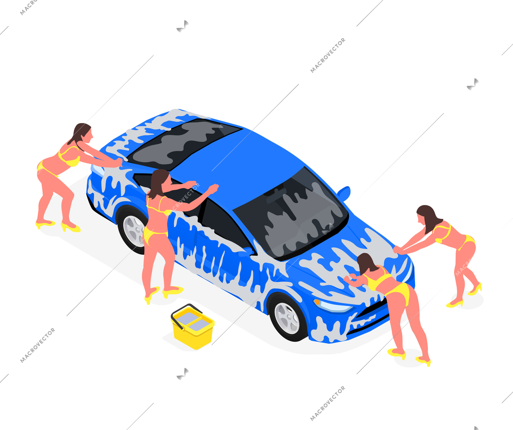 Isometric car wash icon set three women in bikinis wash blue car vector illustration