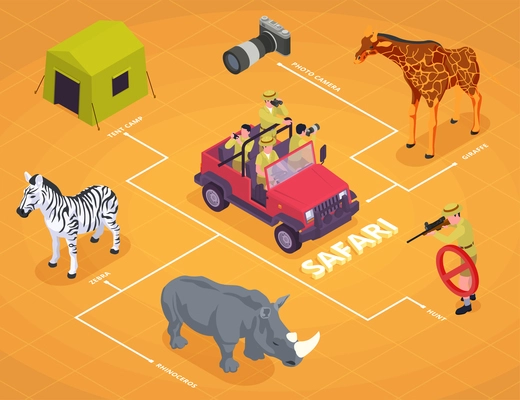 Safari isometric flowchart with photo camera giraffe zebra rhinoceros and hunt descriptions vector illustration