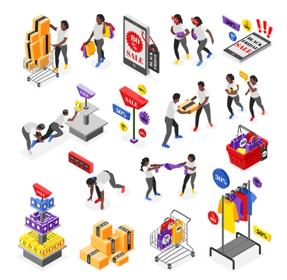 Black friday isometric color set of shopaholic people characters rush shopping in store during sale isolated vector illustration