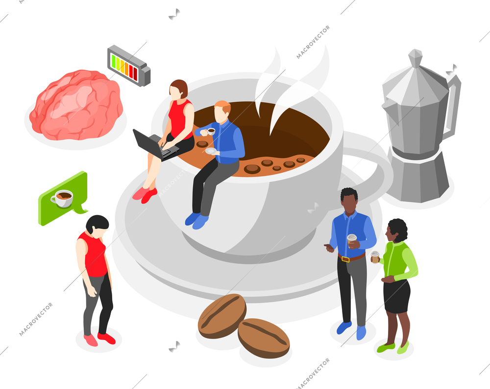 Coffee time isometric concept with little office people sitting on big coffee cup vector illustration