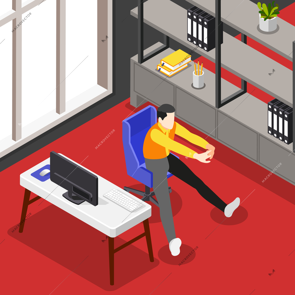 Health care design concept with office worker doing stretching sitting on chair at desk with pc isometric vector illustration