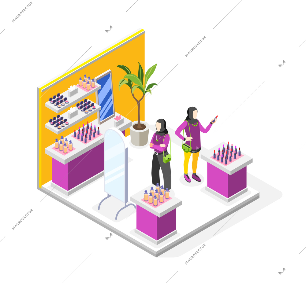 Beauty shop isometric composition with two young muslim girls in hijab choosing cosmetics 3d vector illustration