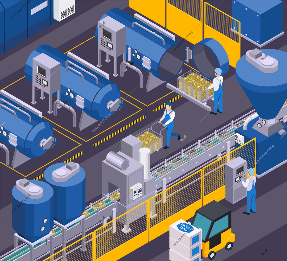 Canned food production isometric composition with view of production department and workers with moving conveyor line vector illustration