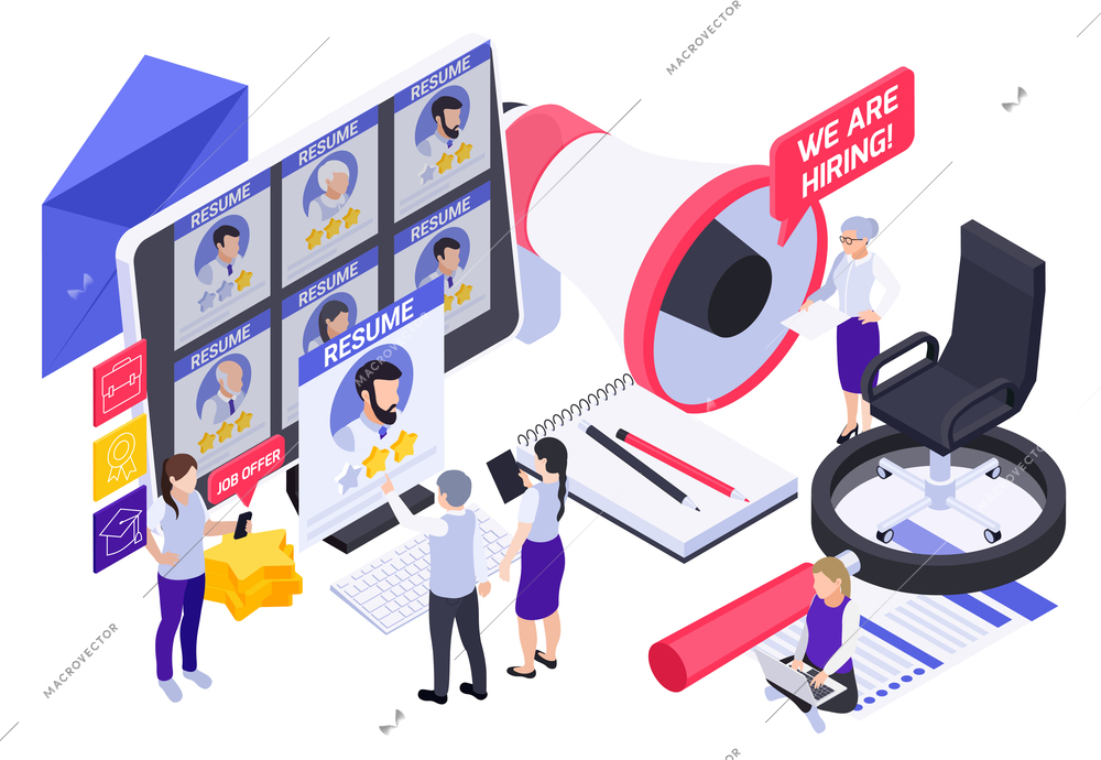 Hr recruitment hiring isometric composition with characters of office people workplace elements with megaphone and applicants vector illustration