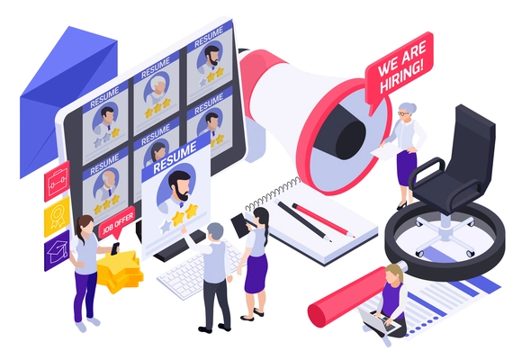 Hr recruitment hiring isometric composition with characters of office people workplace elements with megaphone and applicants vector illustration