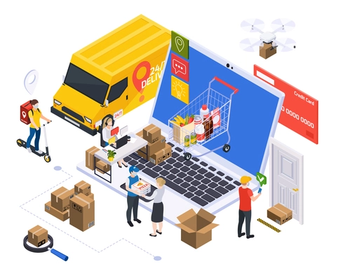 Delivery service isometric composition with laptop surrounded by parcel boxes shipping company employees and cargo vehicles vector illustration