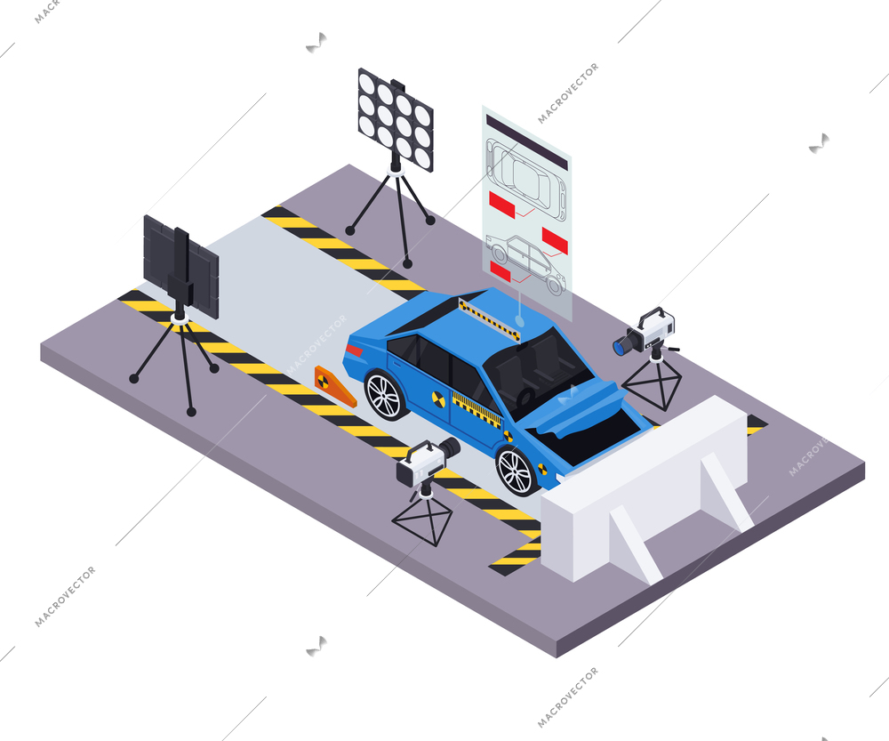 Crash test car safety isometric composition with test track scenery lighting equipment cameras and plunging automobile vector illustration