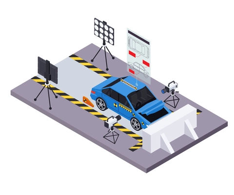 Crash test car safety isometric composition with test track scenery lighting equipment cameras and plunging automobile vector illustration