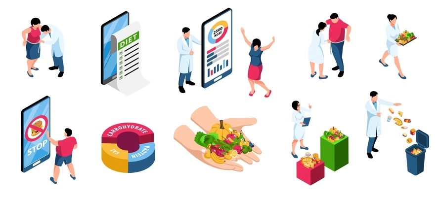 Nutritionist isometric set with calorie and weight symbols isolated vector illustration