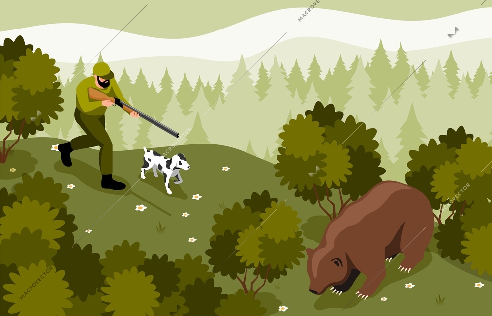 Hunter background with bear gun and hunting dog in forest isometric vector illustration