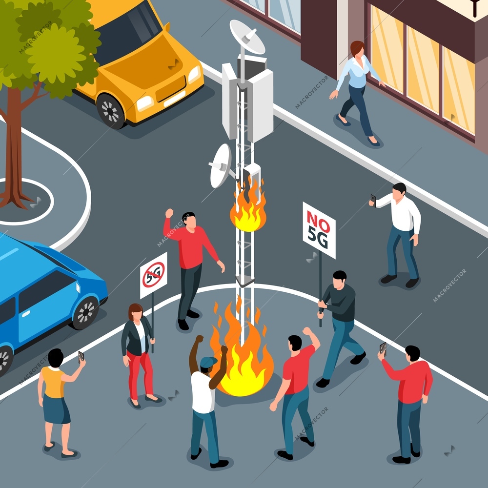 5g Internet background with protest on street and burning mast symbols isometric vector illustration