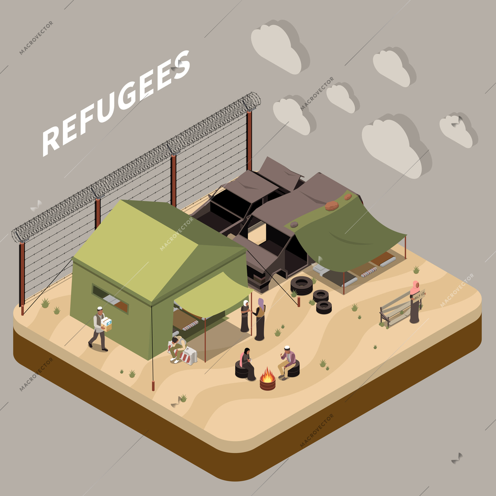 Refugees isometric composition with people living in immigration camp  fenced with barbed wire vector illustration