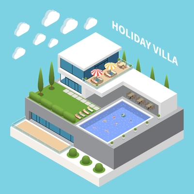 Holiday villa isometric composition with big pool sunbathing area and restaurant vector illustration