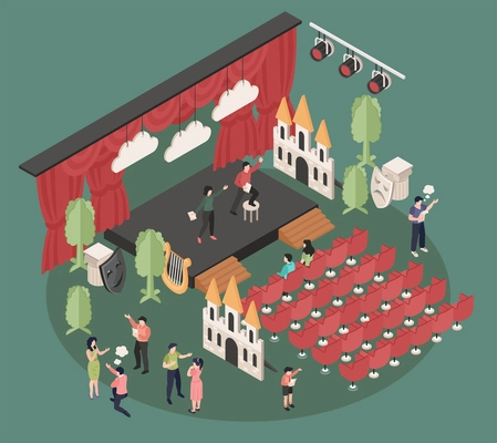 Theatre acting isometric composition with people rehearsing play on stage and in hall on green background 3d vector illustration