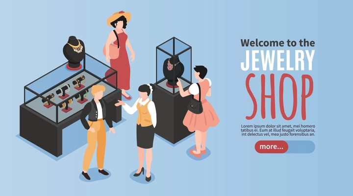 Jewelry shop isometric horizontal 3d banner with glass showcases people and editable text vector illustration