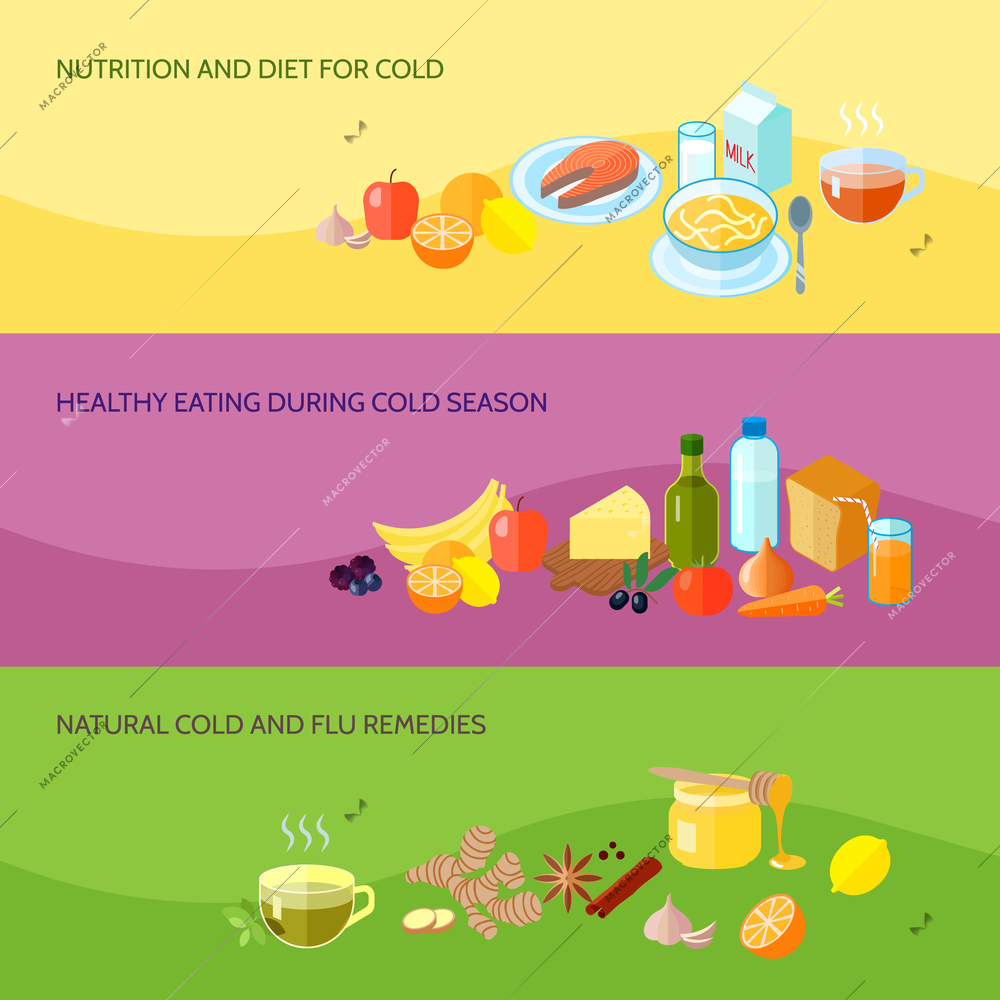 Healthy food banner set with nutrition and diet for cold eating during cold season natural flu remedies isolated vector illustration