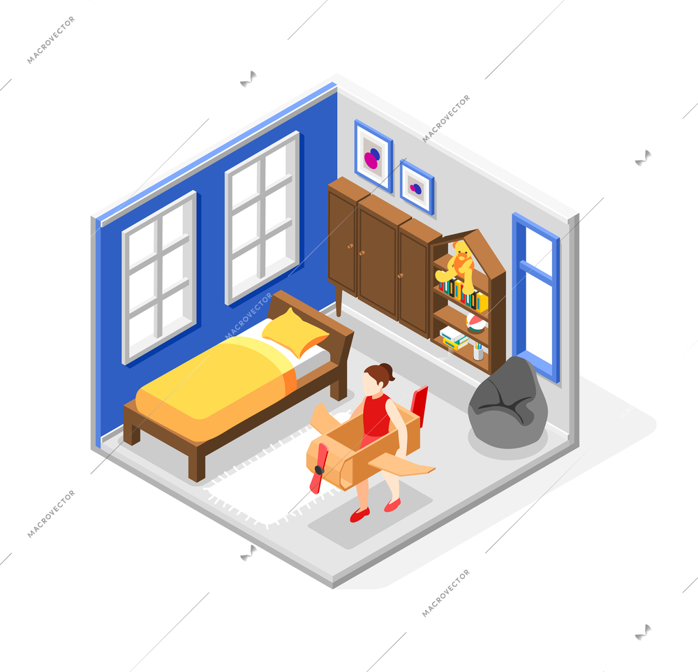 Cardboard toys concept with plane and flying symbols isometric vector illustration