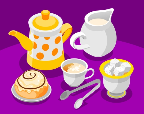 Tea day composition with spoon sugar and milk isometric vector illustration