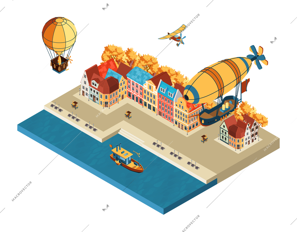 Cartoon composition in steampunk style with airship and airplane flying over city buildings isometric vector illustration