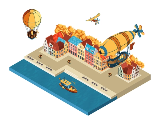 Cartoon composition in steampunk style with airship and airplane flying over city buildings isometric vector illustration