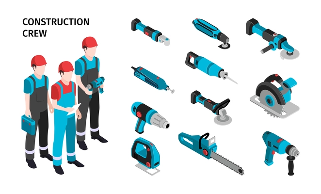 Construction crew isometric composition with male characters in uniform and kid of electric tools for work vector illustration