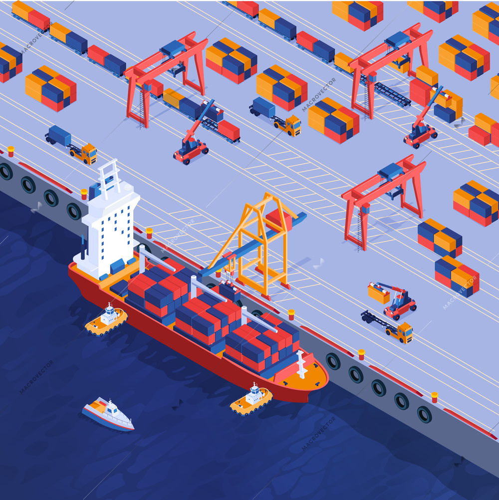 Sea container terminal isometric  background with mooring cranes barge loaded with cargo speedboat tagboats 3d vector illustration