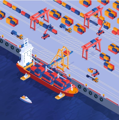 Sea container terminal isometric  background with mooring cranes barge loaded with cargo speedboat tagboats 3d vector illustration