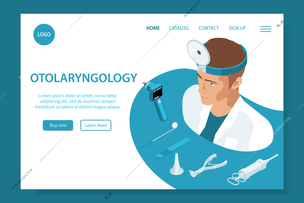 Otolaryngology isometric web site banner or landing page with links and two big buttons vector illustration