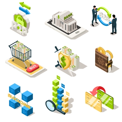 Fintech isometric set of isolated icons with transactions shopping card and cash transfers with blockchain cubes vector illustration