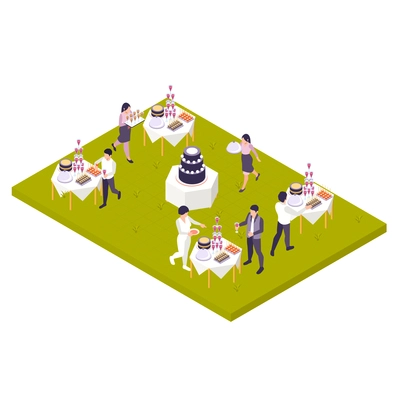 Restaurant cafe catering isometric colored composition tables on the green lawn and catered party vector illustration