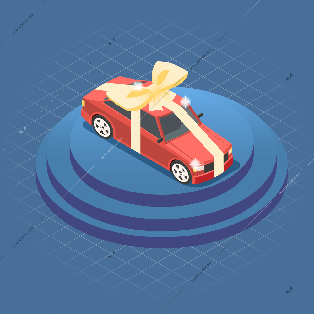 Automobile car gift on podium isometric red car with big yellow ribbon vector illustration