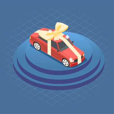 Automobile car gift on podium isometric red car with big yellow ribbon vector illustration