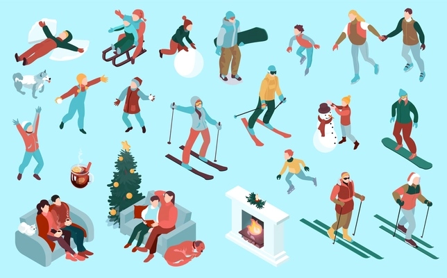 Isometric winter holiday color set with isolated icons of people doing sports with cozy interior elements vector illustration