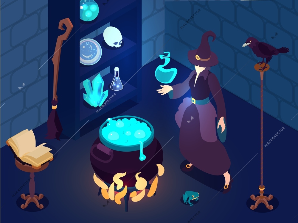 Isometric wizard magic composition with indoor scenery and female character in hat cooking potion with artifacts vector illustration