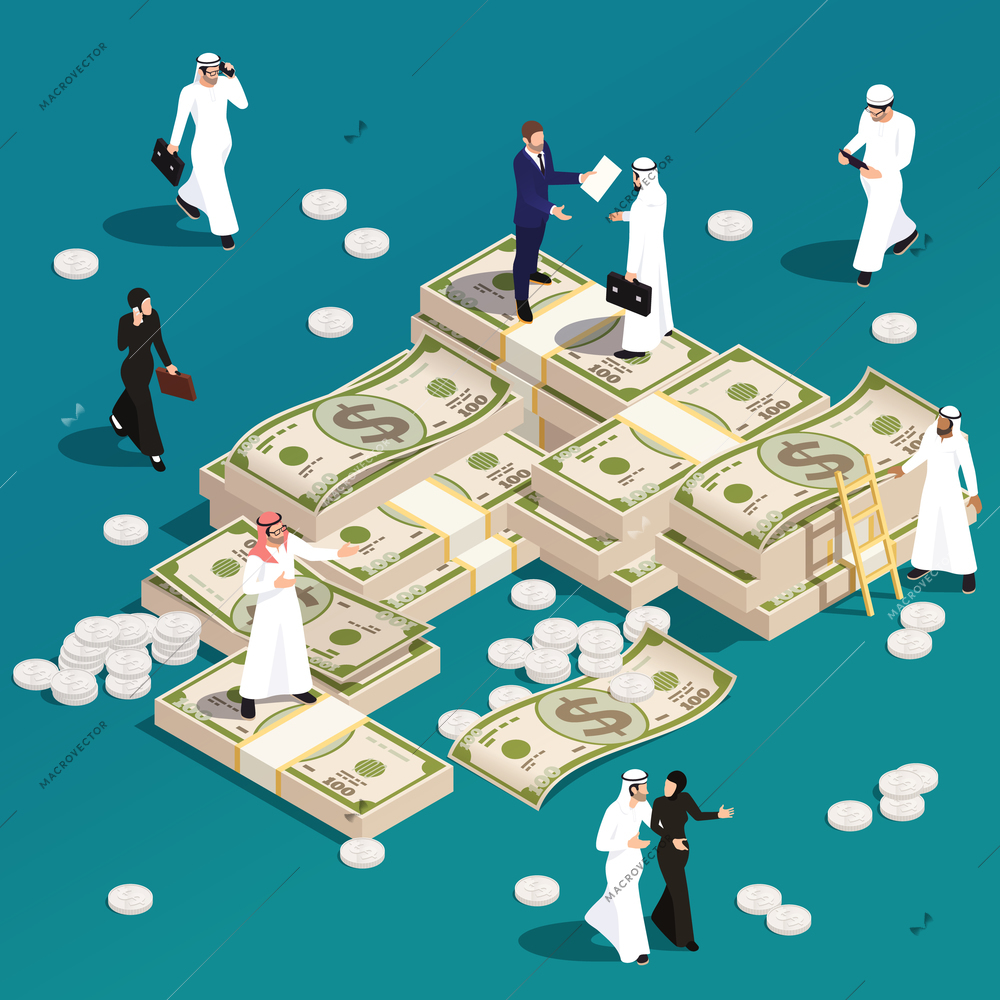 Arab muslims saudi modern isometric people composition with piles of coins banknotes and small human characters vector illustration