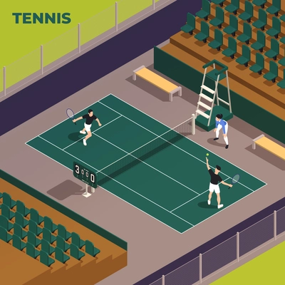 Tennis isometric composition with outdoor scenery of sport stadium with seats for visitors and referees chair vector illustration